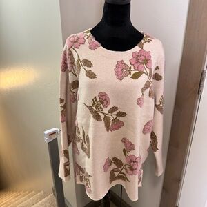 NWT Tahari Buttery Soft Floral Knit Peony Crewneck Sweater Pink Neutral 1X